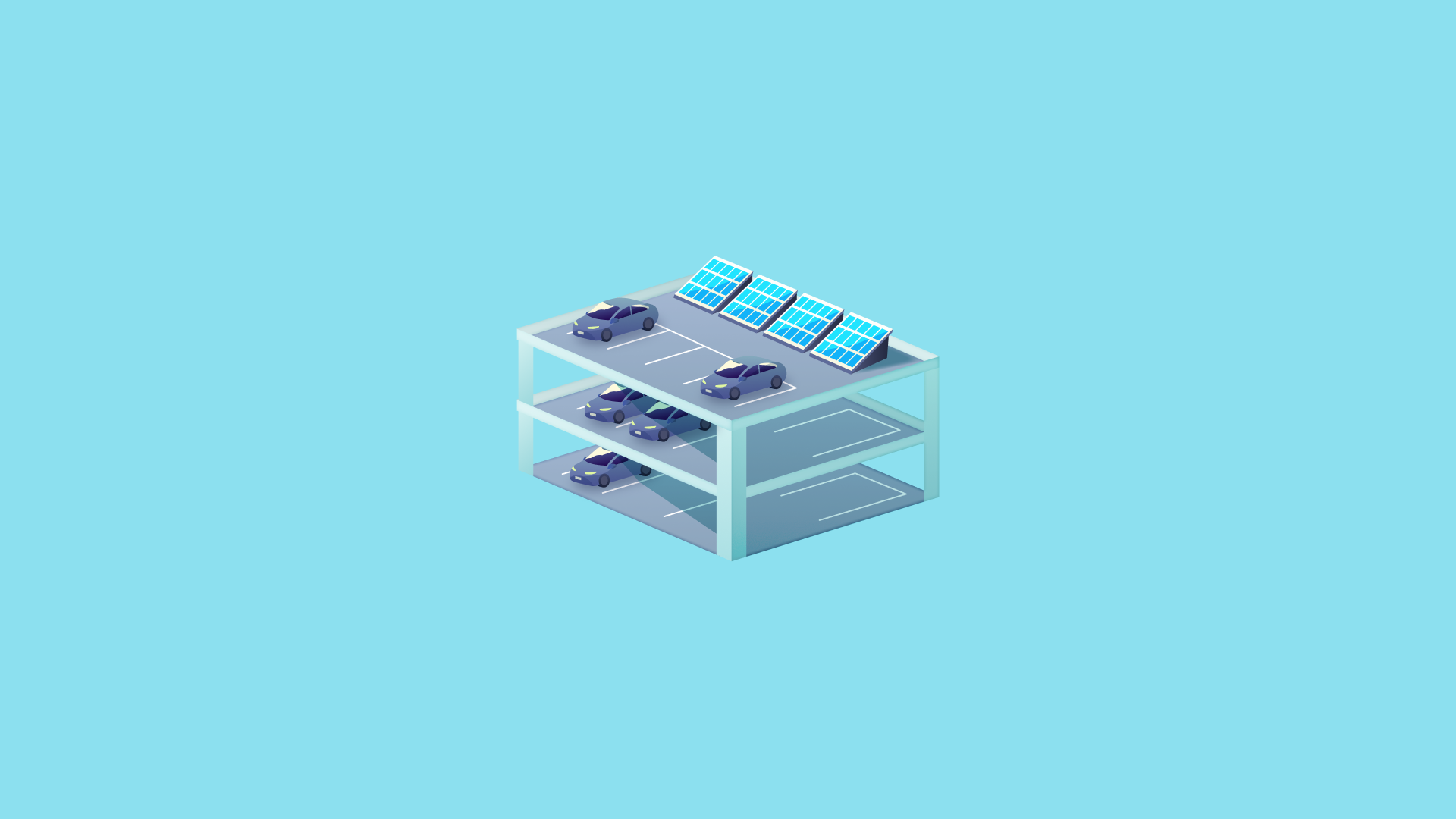 EV Energy Experiment — isometric illustration of a multi-level parking structure with electric vehicles and rooftop solar panels